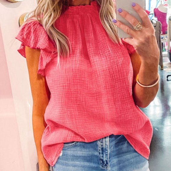 023. Rose Flutter Sleeve Frilled Neck Textured Blouse  Size M - Picture 1 of 11